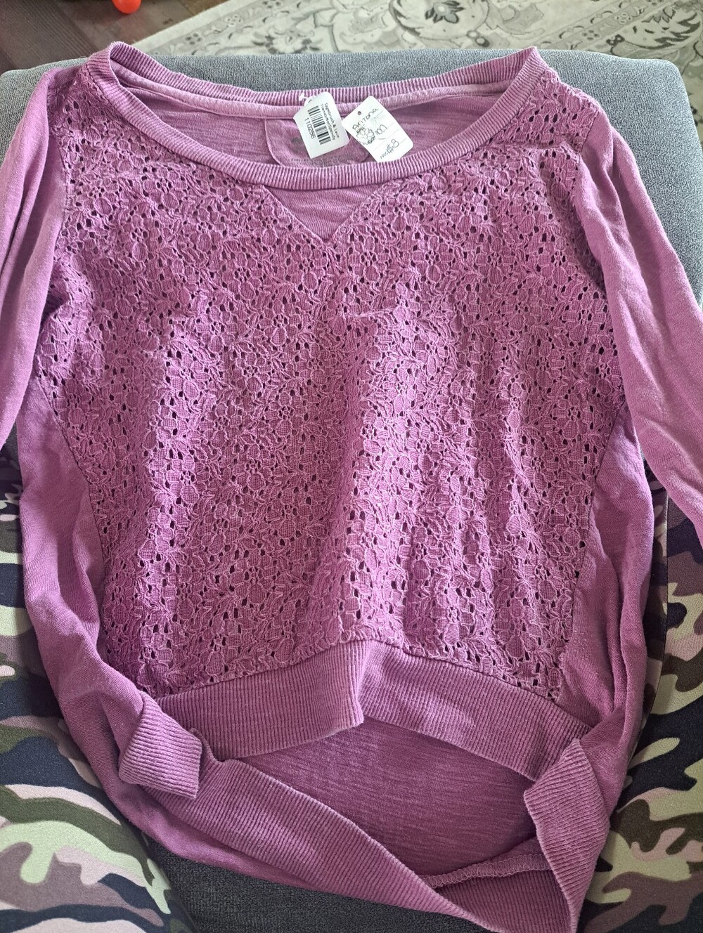 Arizona Jean Company Lavender Lace Front Crew Neck Sweater